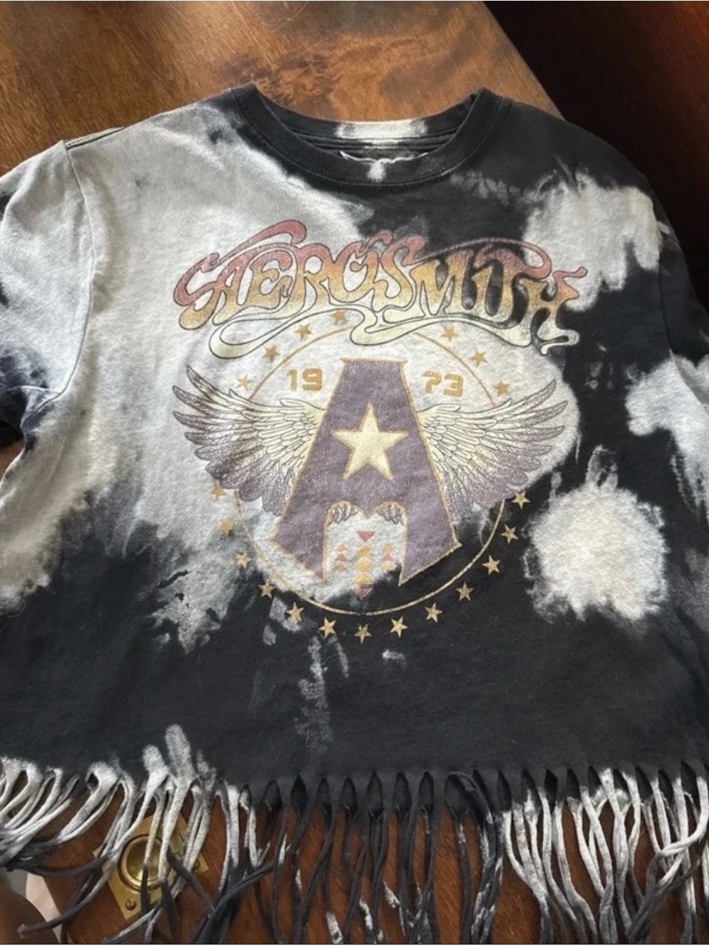 Aerosmith Goodie Two Sleeves Girls M Tie Dye Fringe Band Graphic Tee Buckle
